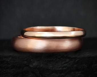 Matching 14k Gold Wedding Band Set. Smooth Shiny Matte Half Round Classical Wedding Metal Band Rings