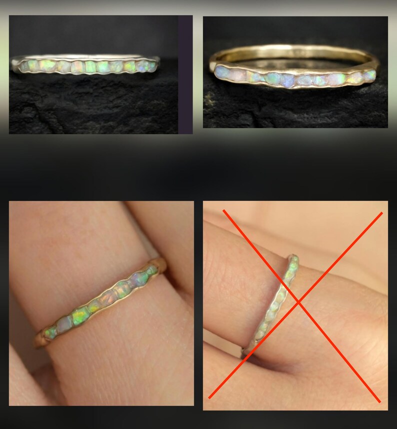 May include: A thin metal ring featuring a continuous channel inlay of small, iridescent, multi-coloured opal stones. The band has a slightly wavy, organic edge profile that follows the shape of the embedded stones along the outer circumference.
