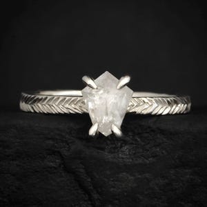 PROOV White Shield Diamond Engagement Ring. Rustic White Gold Feather Textured 4 Prong Set Salt and Pepper Kite Diamond Statement Ring