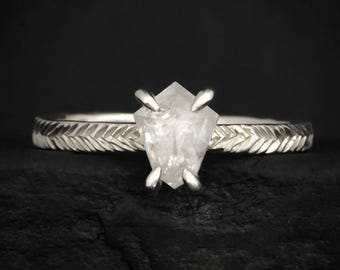 White Shield Diamond Engagement Ring. Rustic White Gold Feather Textured 4 Prong Set Salt and Pepper Kite Diamond Statement Ring