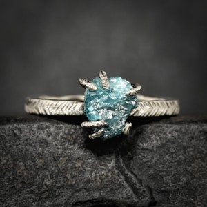 Raw Blue Diamond Ring. Rustic Organic Alternative Unique Raw Rough Uncut Blue Prong Set Natural Diamond Gemstone Engagement Statement Ring
