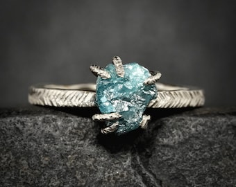 Raw Blue Diamond Ring. Rustic Organic Alternative Unique Raw Rough Uncut Blue Prong Set Natural Diamond Gemstone Engagement Statement Ring
