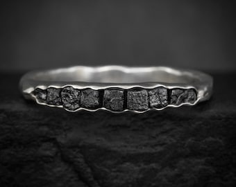 Raw Black Diamond Wedding Band. Rustic Alternative Uncut Natural Cube Square Shape Black Diamond Gemstone Engagement Ring