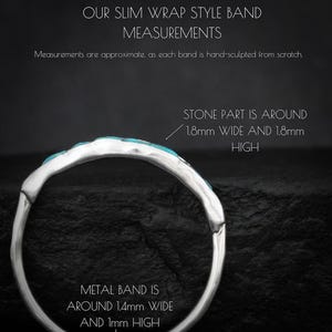 May include: A silver-coloured slim wrap style band ring featuring inlaid turquoise-coloured stone segments. Text indicates the stone part is 1.8mm wide and 1.8mm high, while the metal band is 1.4mm wide and 1mm high. The ring has a textured surface.