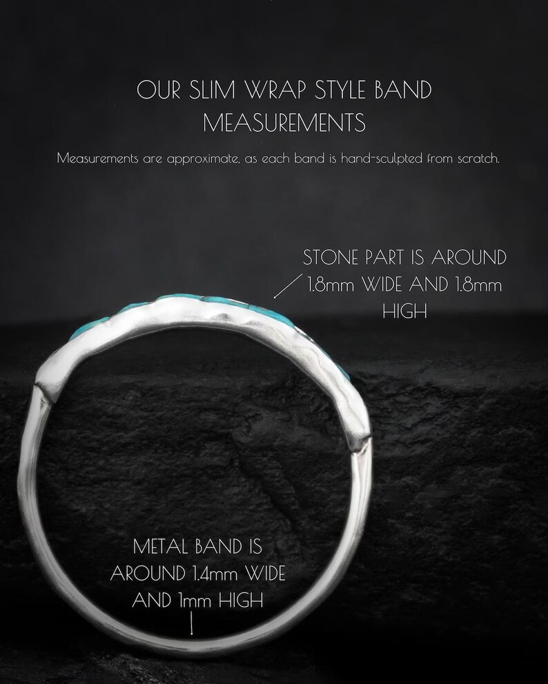 May include: A silver-coloured slim wrap style band ring featuring inlaid turquoise-coloured stone segments. Text indicates the stone part is 1.8mm wide and 1.8mm high, while the metal band is 1.4mm wide and 1mm high. The ring has a textured surface.