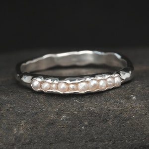 Tiny White Freshwater Pearl Band Ring. Organic Unique Natural White Freshwater Pearl Wedding Band Ring. White Pearl Ring. White Pearl Band