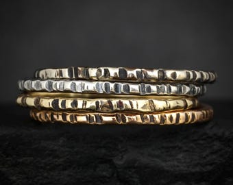 1.3mm Skinny Striped Stacking Band. Solid Gold Silver Hammered Stripe Textured Slim Stackable Everyday Band Ring