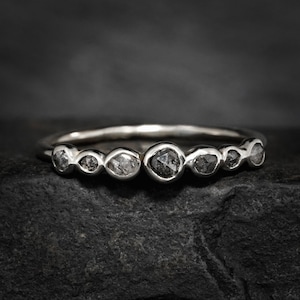 Black Diamond Bubble Ring. Black Grey Rustic Organic Unique Rose Cut Round Salt and Pepper Galaxy Diamond Engagement Wedding Band Ring