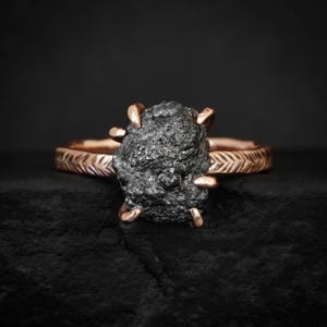 Raw Black Diamond Ring. Rustic Organic Custom Alternative Raw Rough Uncut Rebel Feather Natural Black Diamond Gemstone Engagement Ring