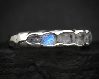 Bulky Raw Rainbow Moonstone Ring. Rustic Solid Gold or Silver Bezel Set Natural Uncut Rainbow Moonstone Alternative Wedding Band