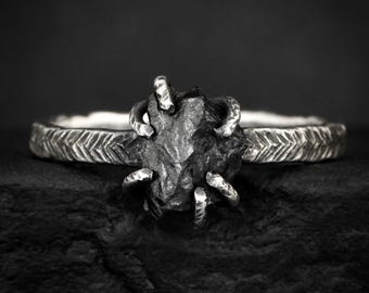Raw Black Diamond Engagement Ring. Rustic Black Silver 6 Prong Set Uncut Black Diamond Feather Textured Rings