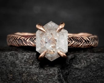 White Hexagon Diamond Ring. Rustic Alternative Rose Gold Hexagon Salt and Pepper Galaxy Diamond Textured Geometric Engagement Ring
