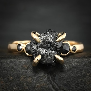 Black Diamond Ring. Unique 5 Stone Raw Rough Uncut Natural Prong Set Hammered Black Diamond Silver Rose Gold Alternative Engagement Ring