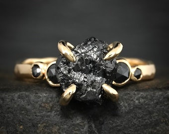 Black Diamond Ring. Unique 5 Stone Raw Rough Uncut Natural Prong Set Hammered Black Diamond Silver Rose Gold Alternative Engagement Ring
