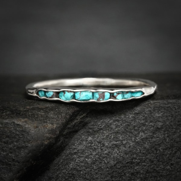 Raw Turquoise Stone Ring. Slim and Tiny Unique Alternative Rustic Raw Rough Uncut Brown and Blue Gemstone Turquoise Wedding Band Ring
