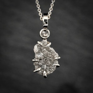 Raw Grey Diamond Necklace. White Gold Silver Raw Rustic Uncut Organic Grey Salt and Pepper Natural Diamond Necklace. Unique Gift for Her