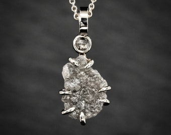 Raw Grey Diamond Necklace. White Gold Silver Raw Rustic Uncut Organic Grey Salt and Pepper Natural Diamond Necklace. Unique Gift for Her