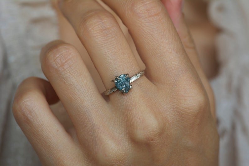 Raw Blue Diamond Ring. Rustic Organic Alternative Unique Raw Rough Uncut Blue Prong Set Natural Diamond Gemstone Engagement Statement Ring image 8