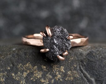 Black Diamond Ring. Rustic Organic Rose Gold Hammered Matte Raw Rough Uncut Natural Black Diamond Alternative 6 Prong Set Engagement Ring