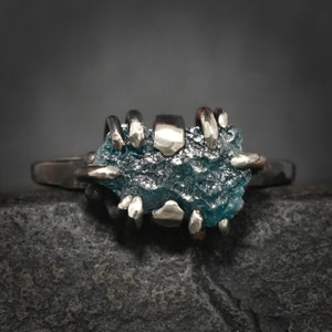 Raw Blue Diamond Ring. White Gold Fire Marked Hammered Textured Band Rough Uncut Natural Earth Mined Blue Diamond Prong Set Engagement Ring.