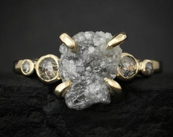 Gold Raw and Cut 5 Grey Diamond Engagement Ring. Rustic Textured Solid Silver or Gold Natural Gray Uncut Diamond  and Galaxy Diamond Ring