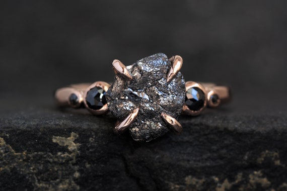 5 Stone Diamond Ring. Rough Raw Rustic Black Diamond Engagement Ring. Silver Raw Diamond Ring. Silver Raw Diamond Engagement Ring
