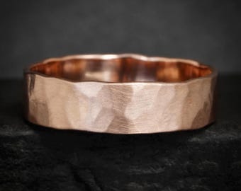 5mm Hammered Gold Band Ring. Rustic Organic Unique Alternative Hammered Textured Wide Yellow Rose White Gold Mens Wedding Band Ring Style #1