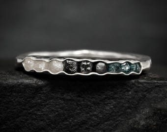 Multicolour Raw Diamond Band Ring. Rustic Silver Blue Black White Uncut Cube Diamond Wedding Anniversary Jewelry