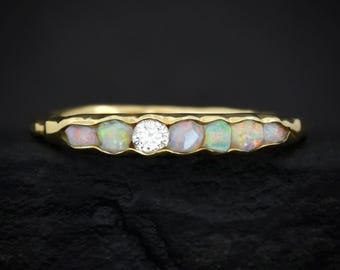 THE ONE. Raw Opal and Diamond Ring. Rustic Solid Gold or Silver Uncut Natural Australian Opal Alternative Stacking Wedding Milestone Band