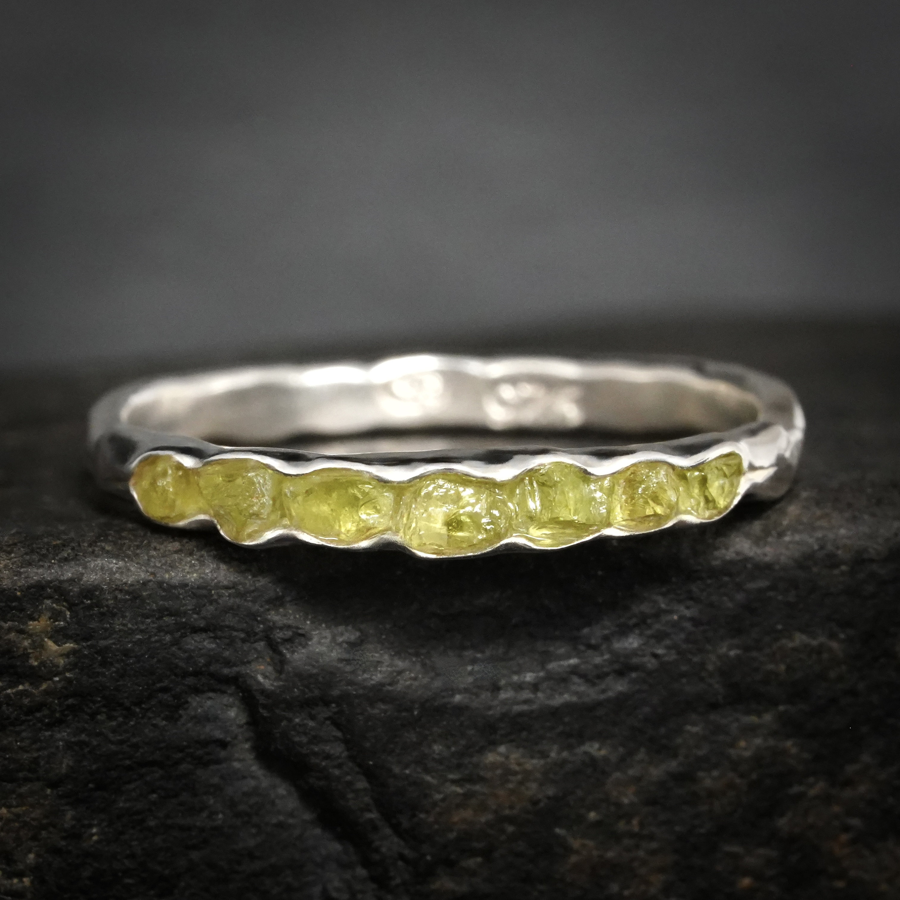 Raw Peridot Band Ring. Custom Rustic Organic Alternative Unique Raw Rough Uncut Green Certified Gemstone Peridot Crystal Wedding Band Ring