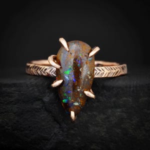 RTS Boulder Opal Ring. Pear Shape Australian Boulder Opal Ring. Unique Rustic Natural Prong Set Australian Boulder Fire Opal Statement Ring