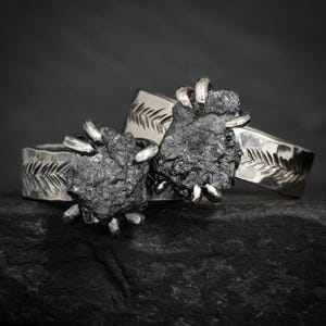 Wide Raw Black Diamond Ring. Rough Rustic Organic Black Diamond Engagement Ring. Black Diamond Mens Engagement Ring. Diamond Mens Ring