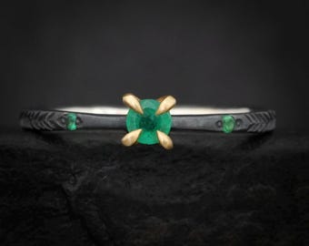 Emerald Ring. Rustic Black Silver and 14k Gold 4 Prong Set Natural Emerald Engagement Promise Ring. Emerald Ring with Feather Band
