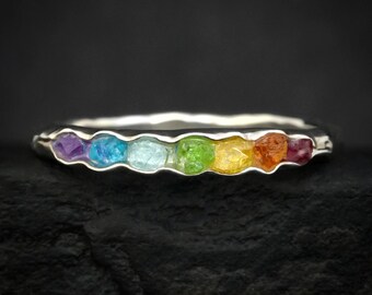 Raw Stone Rainbow Band. Rustic Solid Silver or Gold Multicolour Natural Uncut Stone Alternative Wedding or Stacking Friendship Ring