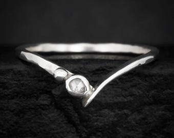 Round White Diamond Chevron Ring. Rustic Solid Silver or Gold Natural Milky White Diamond Alternative Wedding Wave Band