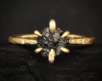 Uncut Black Diamond Engagement Ring. Rustic Alternative Matte Gold North Star Earth Mined Raw Diamond Statement Ring