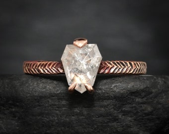 READY to SHIP. US Size 6. 14k Rose Gold White Diamond Ring. Rustic Textured Rose GoldWhite Geometric Shield Diamond Engagement Ring.