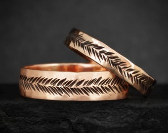 Rose Gold Feather Ring Set. Rustic Hammered and Hand Engraved Feather Texture Everyday Statement Wedding Band Set