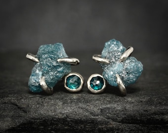 Blue Diamond Stud Earrings. Raw Rough Uncut Natural Blue Diamond and Rose Cut Blue Diamond Unique Stud Earrings. Blue Diamond Studs