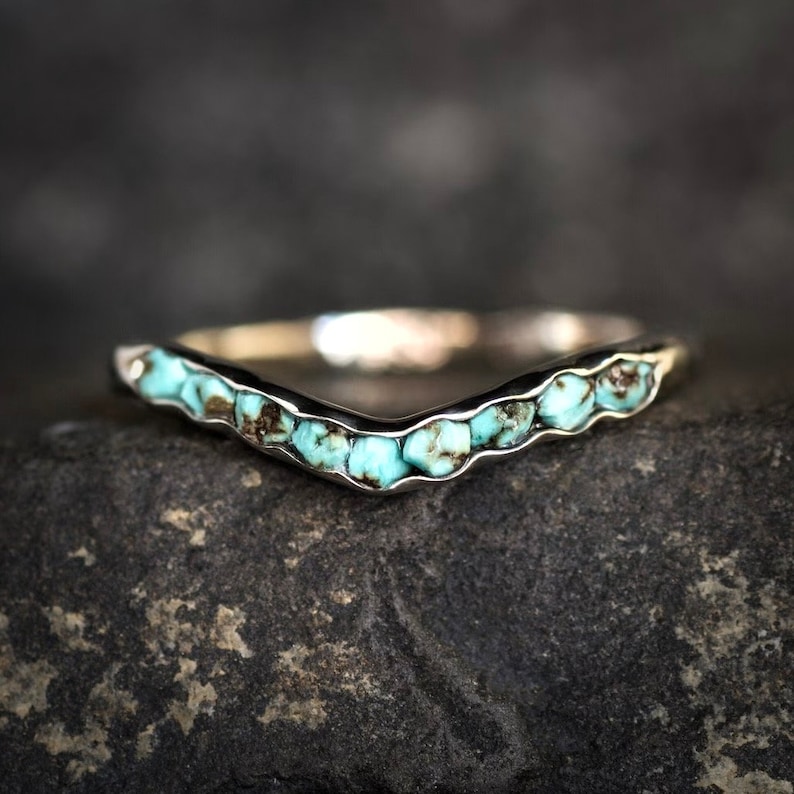 Unique Raw Turquoise Wave Ring. Turquoise Chevron Ring. Raw Turquoise Wedding Band. Arizona Turquoise Ring. Turquoise Nesting Band Ring image 3