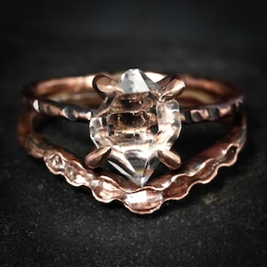 Herkimer Ring SET. Rustic Rose Gold Herkimer Diamond Wedding Ring Set. Gift for Her