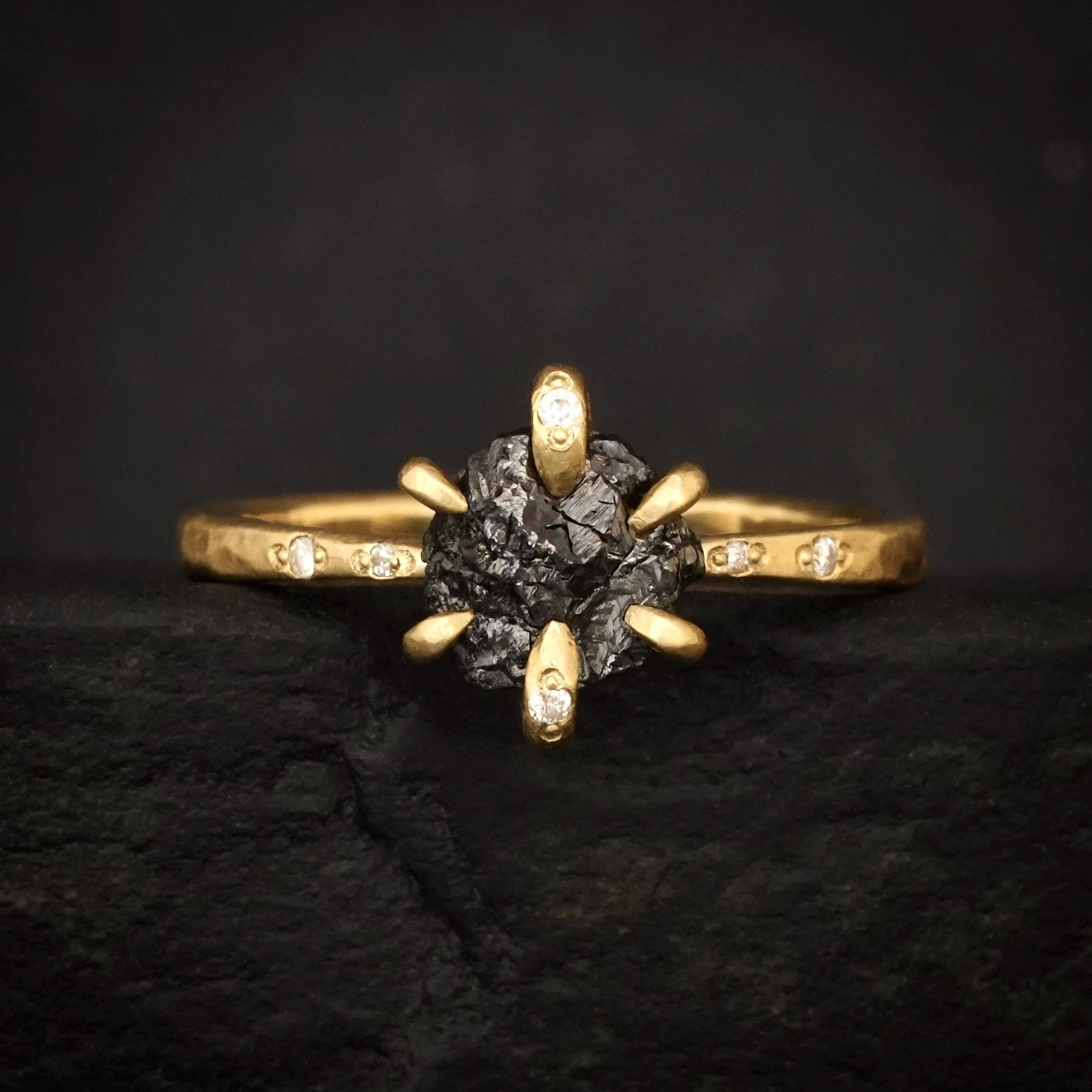 Black Diamond Engagement Ring. Organic Rustic Alternative Unique Nontraditional Raw Rough Uncut Earth Mined Black Diamond Engagement Ring