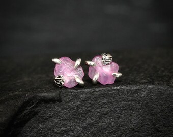 Raw Bright Pink Sapphire Stud Earrings. Pink Sapphire Studs. Pink Sapphire Stud Earrings. Raw Sapphire Earrings. Unique Pink Bridal Earrings