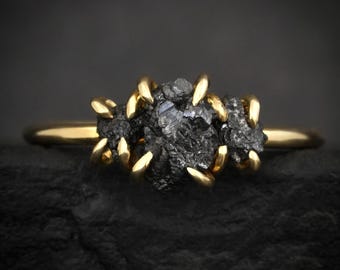 Cluster Black Diamond Engagement Ring. Rustic Solid 18k Gold Prong Set 3 Stone Raw Uncut Black Carbonado Diamond Promise Ring