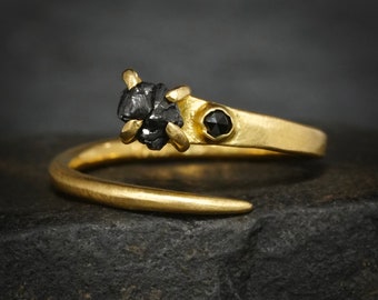 READY to SHIP. Adjustable 18k Yellow Gold Black Diamond Horseshoe Nail Ring