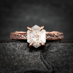 White Hexagon Diamond Ring. Rustic Alternative Rose Gold Rose Cut White Hexagon Diamond Textured Engagement Ring. Geometric Diamond Ring