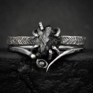 Raw Black Diamond Ring Set. FireMarked Solid Black Gold or Silver Prong and Bezel Set Rustic Non Traditional Wedding Bridal Stacking Rings