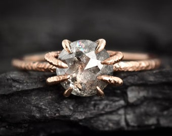 Round Diamond Ring. Rose Gold Rose Cut Round Salt and Pepper Grey Black Round Diamond Spider Setting Ring. Unique Engagement Ring