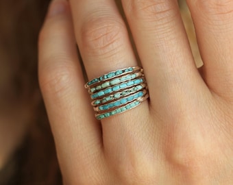 Set of 6 Solid Gold Turquoise Rings. Rustic Yellow, Rose or White Gold Genuine Minimalist Uncut Raw Turquoise Everyday Wedding Stacking Band