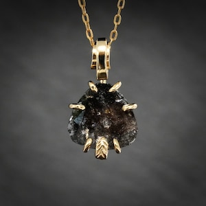 RTS Salt and Pepper Diamond Necklace. 14k Yellow Gold Rustic Random Cut Black Salt and Pepper Diamond Necklace. Black Diamond Slice Necklace